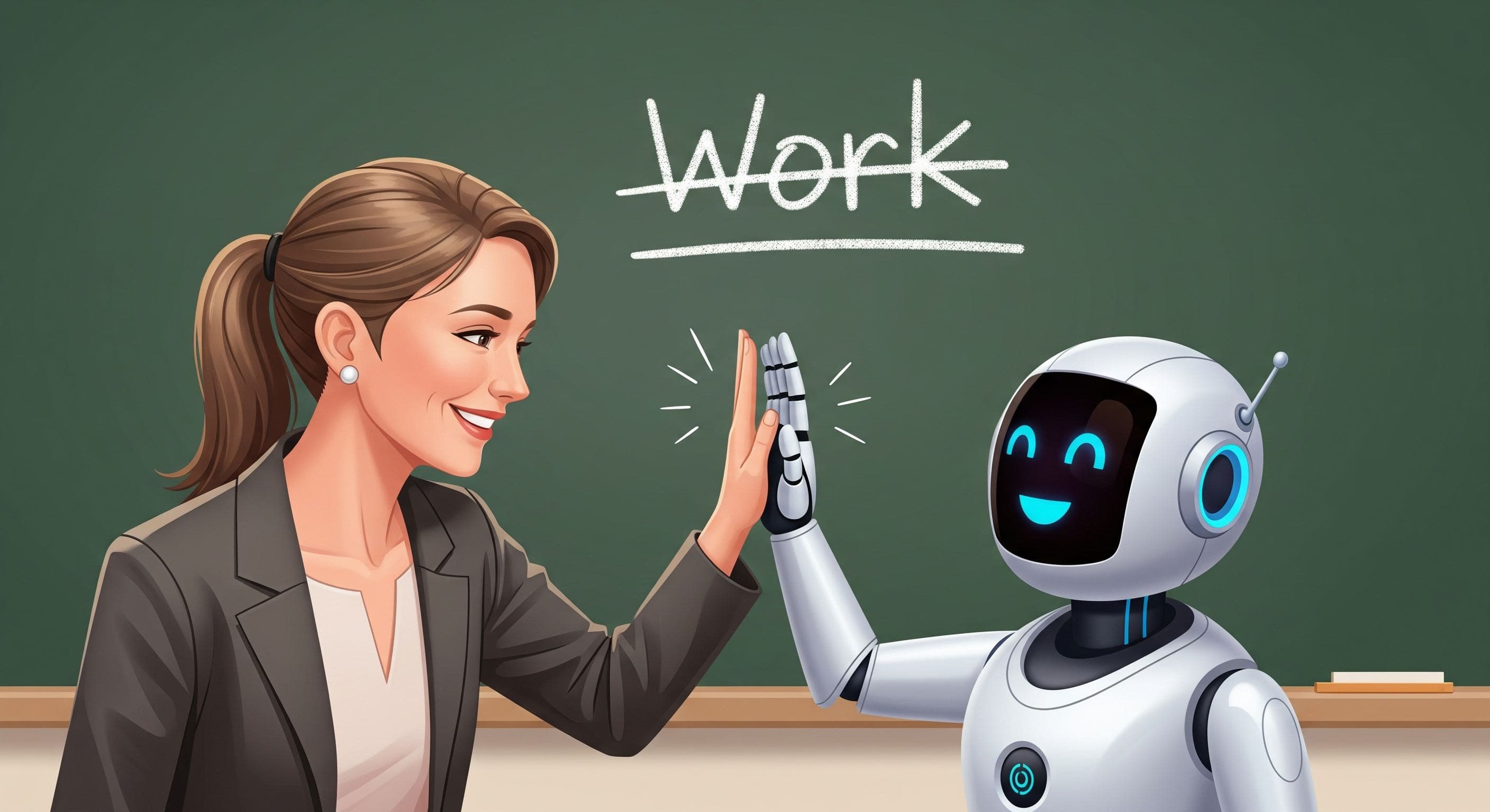 Happy teacher high-fiving a robot